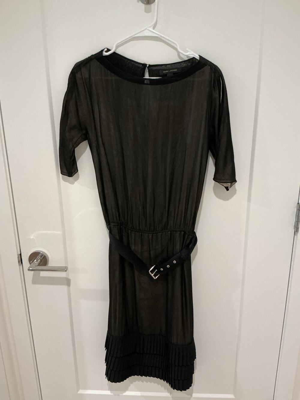 Marc Jacobs Classic Semi-Sheer Black Sleeved Belted Mini Dress Size 6